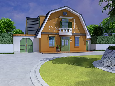 Yellow Detached Villa with Green Doors Windows Black Roof and Landscaped Lawn 3d model