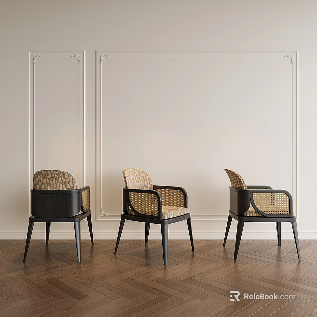 Dining Chairs with Black Frames Beige Woven Seats Light Walls Decorative Moldings Dark Herringbone Floor 3d model 