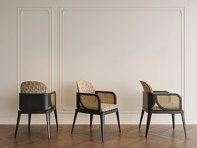 Dining Chairs with Black Frames Beige Woven Seats Light Walls Decorative Moldings Dark Herringbone Floor 3d model