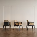Dining Chairs with Black Frames Beige Woven Seats Light Walls Decorative Moldings Dark Herringbone Floor