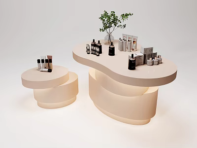 Large Irregular Shaped And Small Round White Display Shelves With Bottles Jars And Green Plant 3d model