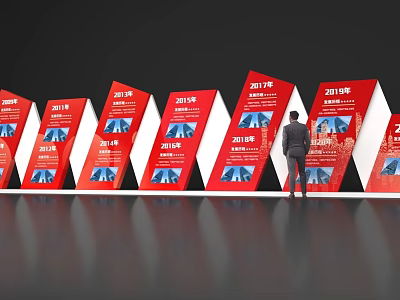 Red Event Exhibition Wall Displaying Different Years Information With Man Viewing 3d model