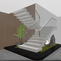 Modern Staircase With Glass Handrail Wooden Wall Green Plants Stone Decorations And Lit Steps