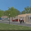 Outdoor Parking Lot with Green Trees Grass Area Parked Cars People Walking and Small Shelter