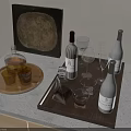 Wine Bottles and Glasses on Wooden Tray with Gold Platter Artwork and Grey Countertop