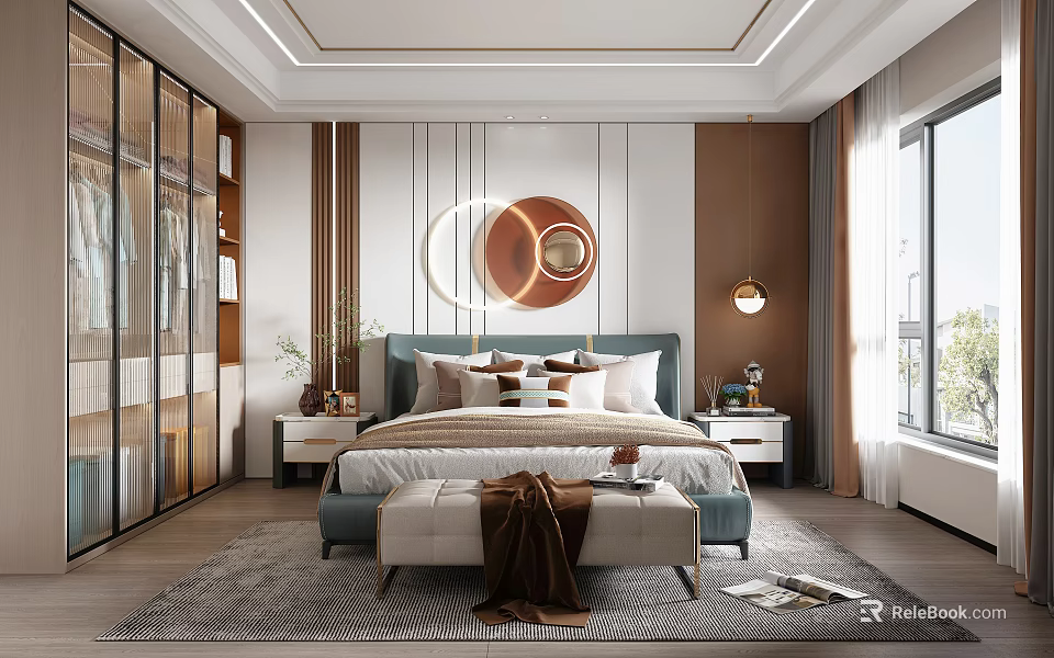Modern Bedroom Interior With Blue Bed Circular Wall Decor Nightstands Green Plants And Glass Wardrobe 3d model 