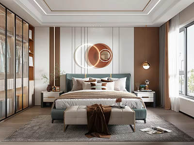 Modern Bedroom Interior With Blue Bed Circular Wall Decor Nightstands Green Plants And Glass Wardrobe 3d model