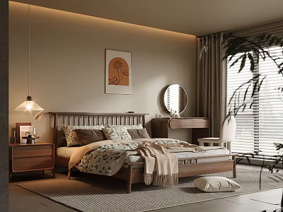 Cozy Bedroom with Wooden Bed Pillows Blanket Nightstand Lamp Wall Art Dresser Mirror and Plant 3d model