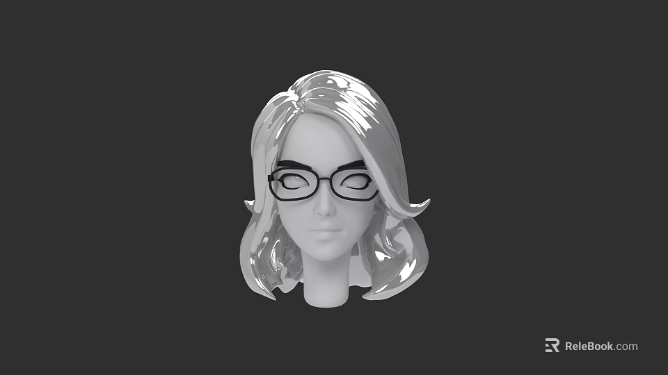 Woman 3D Model Head With Long Curly Hair And Black Glasses On Dark Background 3d model 
