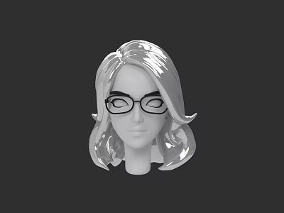 Woman 3D Model Head With Long Curly Hair And Black Glasses On Dark Background 3d model