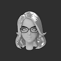Woman 3D Model Head With Long Curly Hair And Black Glasses On Dark Background
