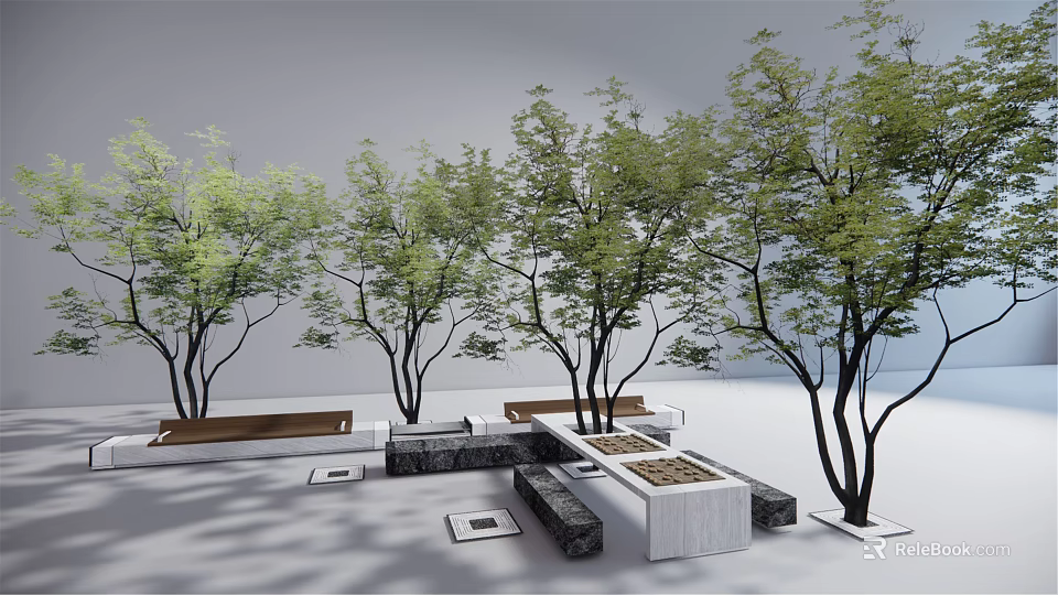 Stylish Outdoor Chair Setup With Lush Trees And Stone Accents In Garden Area 3d model 