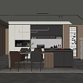 Modern Restaurant Kitchen With Minimalist Gray Beige Cabinetry Island Counter Dining Table And Wine Rack