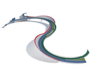Modern Curved Landscape Bridge With Colorful Railings And Scenic Pedestrian Walkway 3d model