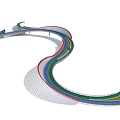 Modern Curved Landscape Bridge With Colorful Railings And Scenic Pedestrian Walkway