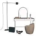 Stylish Dressing Table With Arched Mirror Floor Lamp Beige Chair High Heels And Black Handbag