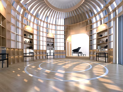 School Library With Circular Dome Wooden Structure Bookshelves Piano And Natural Light 3d model