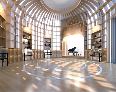School Library With Circular Dome Wooden Structure Bookshelves Piano And Natural Light 3d model