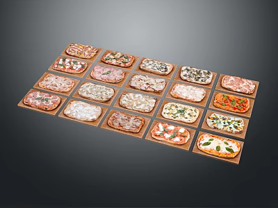 Various Types of Delicious Pizzas with Different Toppings Arranged on Wooden Trays 3d model