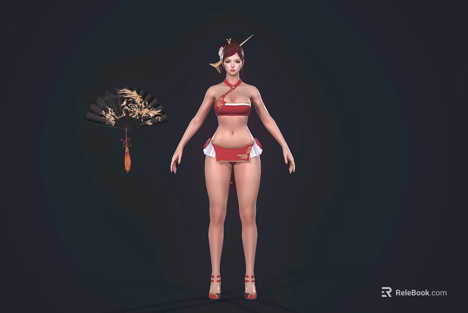 Oriental Female Character In Red Outfit With Traditional Golden Fan And High Heels Design 3d model 