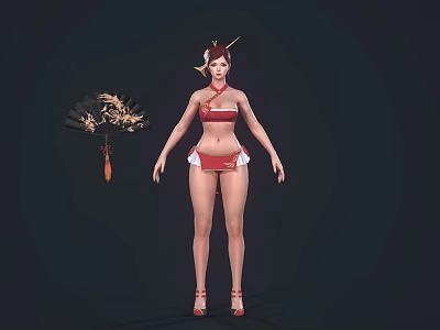 Oriental Female Character In Red Outfit With Traditional Golden Fan And High Heels Design 3d model