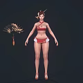 Oriental Female Character In Red Outfit With Traditional Golden Fan And High Heels Design