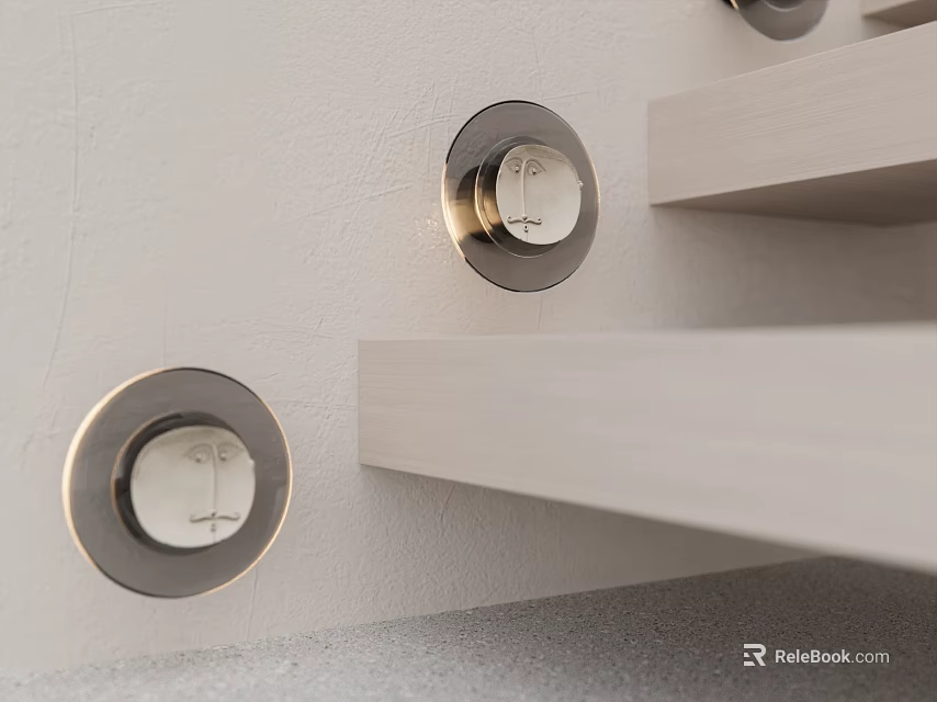 Modern Round Wall Lamps With Metal Frame On Light Wall And Wooden Shelves 3d model 