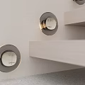 Modern Round Wall Lamps With Metal Frame On Light Wall And Wooden Shelves