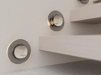 Modern Round Wall Lamps With Metal Frame On Light Wall And Wooden Shelves 3d model