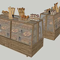 Wooden Display Shelves with Glass Doors Holding Bread Baskets and Pastries