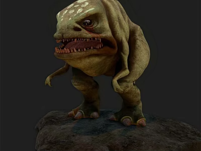 Game Movie Monster Character with Green Skin Big Eyes and Open Mouth Standing on Rock 3d model