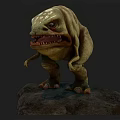 Game Movie Monster Character with Green Skin Big Eyes and Open Mouth Standing on Rock