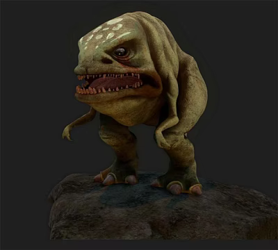 Game Movie Monster Character with Green Skin Big Eyes and Open Mouth Standing on Rock 3d model