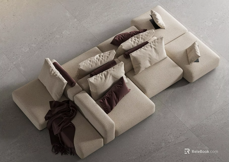 Modern Beige Sectional Sofa with Modular Design Soft Pillows and Cozy Throw Blanket 3d model