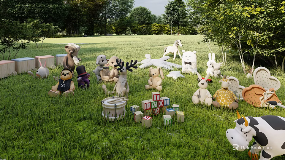 Stuffed Toys on Grass Field with Teddy Bears Bunnies Deer Antler Plush and Building Blocks 3d model 