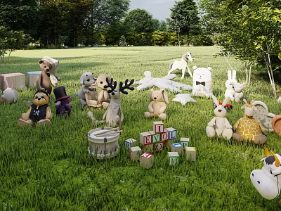 Stuffed Toys on Grass Field with Teddy Bears Bunnies Deer Antler Plush and Building Blocks 3d model