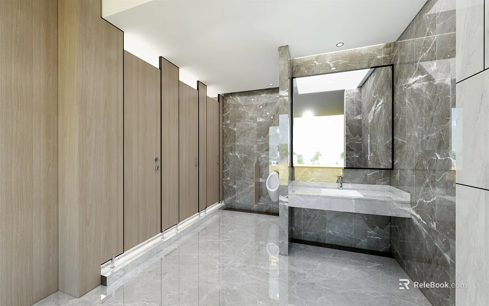Modern Public Restroom Interior With Marble Walls Wooden Cubicles Wash Basin And Mirror 3d model 