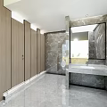 Modern Public Restroom Interior With Marble Walls Wooden Cubicles Wash Basin And Mirror