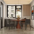 Modern Restaurant Interior With Dark Cabinet Round Tray Window Tree View And Round Table