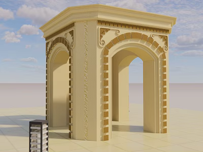 Beige Arched Entrance Gate With Intricate Carvings Set In Open Space Under Blue Sky 3d model
