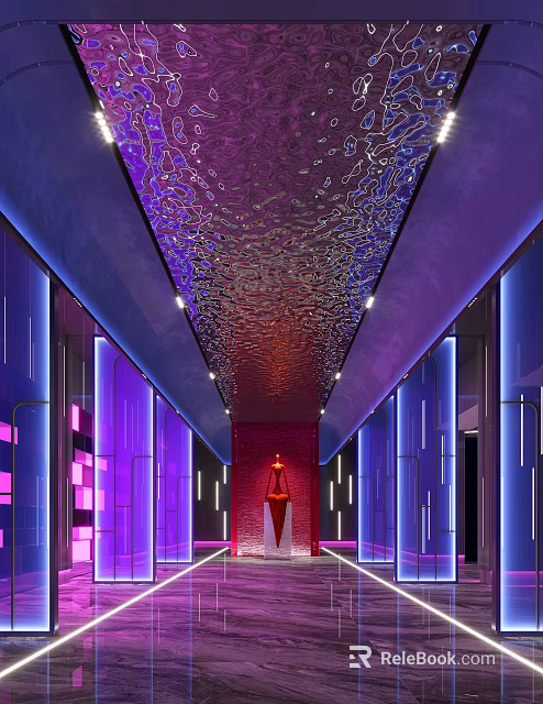 Modern KTV Corridor With Purple Blue Lighting Decorative Ceiling And Red Glowing Elements 3d model 