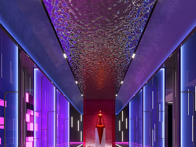 Modern KTV Corridor With Purple Blue Lighting Decorative Ceiling And Red Glowing Elements 3d model