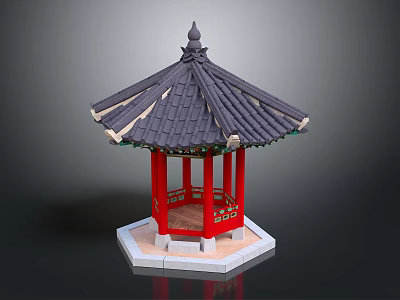Traditional Chinese Pavilion With Black Tiled Roof Red Carved Columns And White Hexagonal Base 3d model