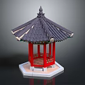 Traditional Chinese Pavilion With Black Tiled Roof Red Carved Columns And White Hexagonal Base