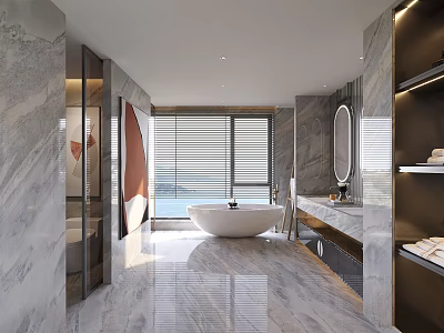 Modern Bathroom Interior With Marble Walls Freestanding Bathtub Round Mirror Window Blinds And Vanity Counter 3d model