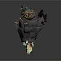 Fantasy Game and Movie Character With Mechanical Head Purple Crystals And Rock Base