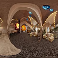 Tropical Restaurant Interior With String Lights Arched Ceiling Wooden Furniture Palm Decor And Pebble Floor