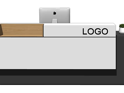 Modern Reception Desk with White and Wooden Design Apple Computer Monitor Logo and Small Plant 3d model