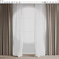 Layered Curtains With White Sheer And Beige Thick Panels For Modern Arched Window Interior