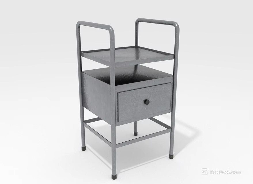 Modern Minimalist Gray Bedside Table With Metal Frame Drawer And Shelf 3d model 